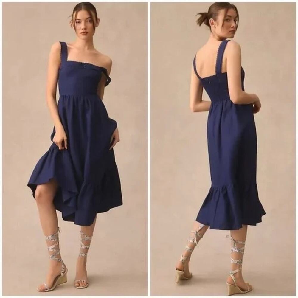 Reformation Rowen Square Neck Smocked Linen Dress  Danube Blue